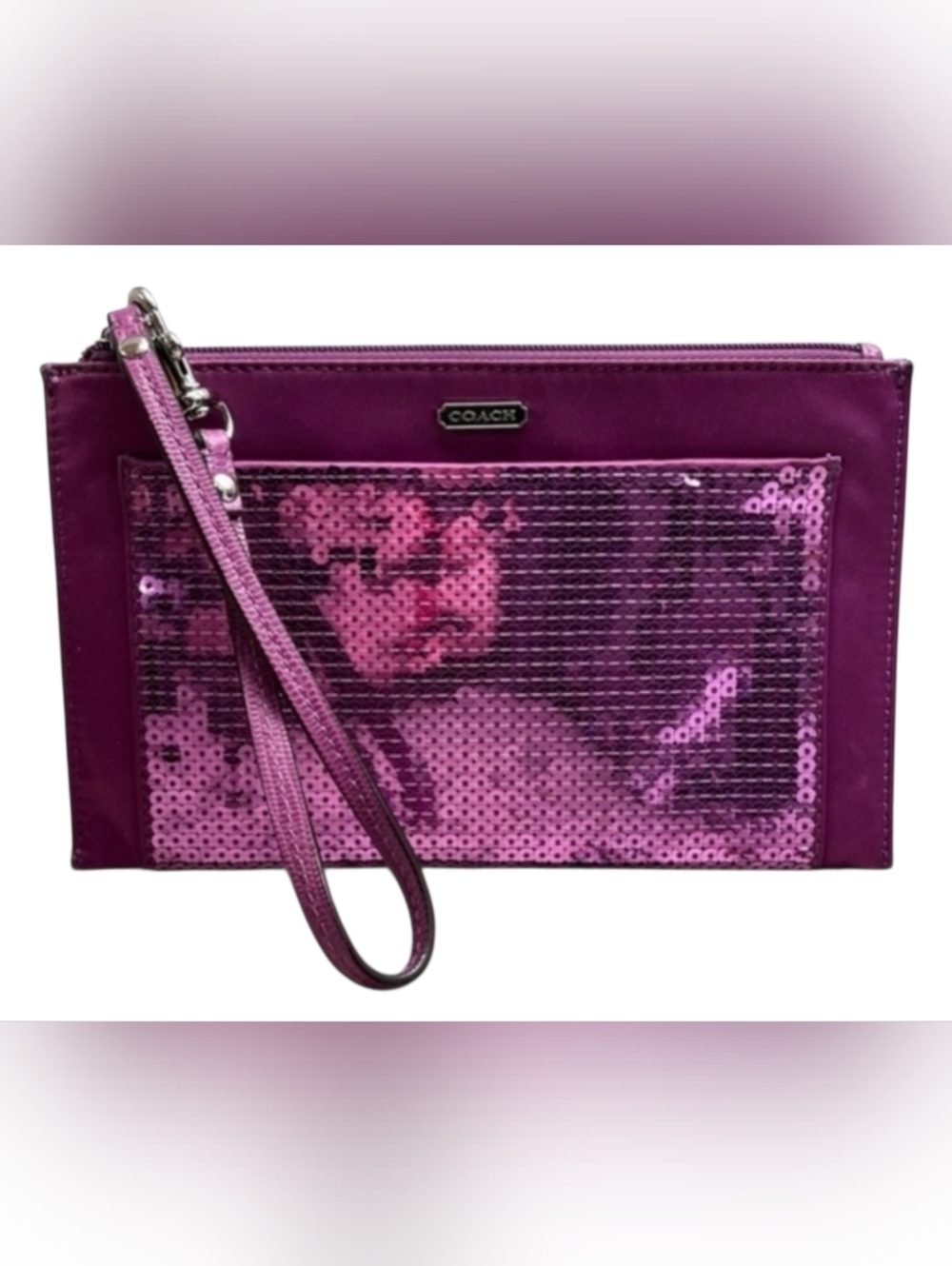 Coach Purple Sequin Zip Wristlet Pouch Leather Trim Glam Clutch